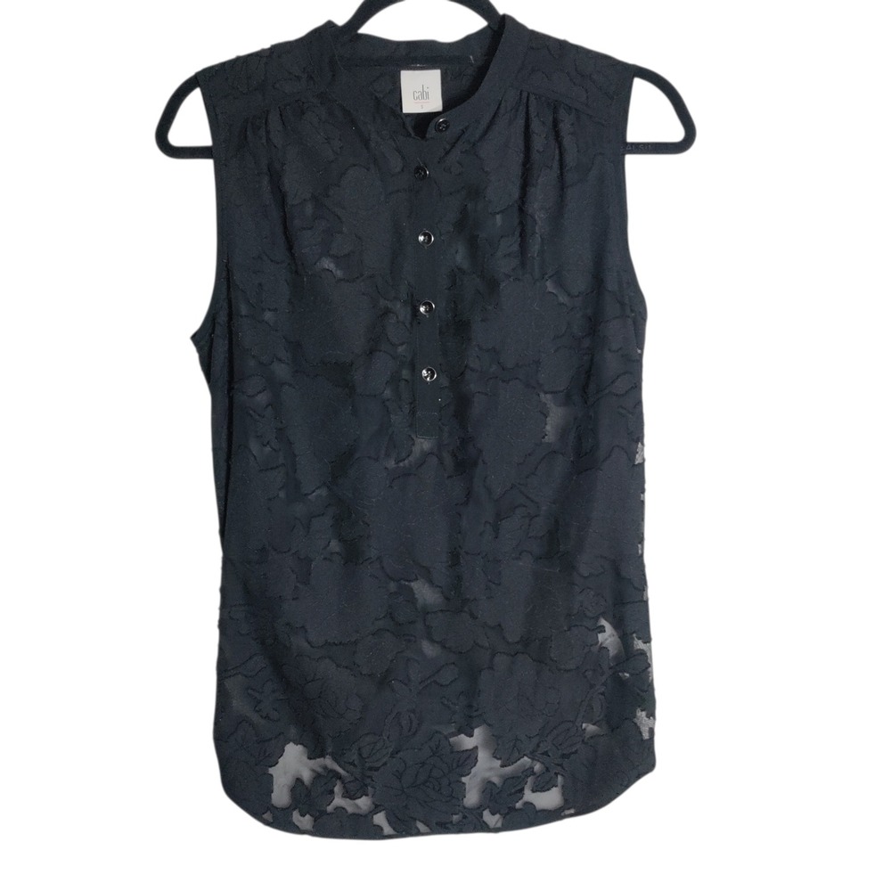 Cabi Black Floral Burnout Sleeveless Blouse Button Front Top 5346 Womens Small
